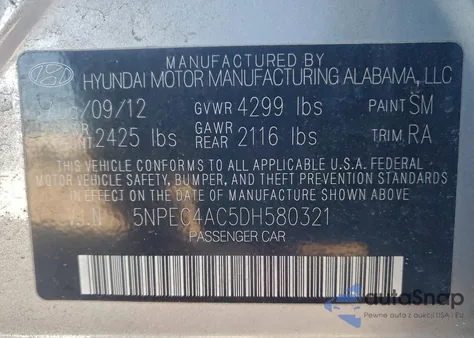 2013 Hyundai Sonata Se from USA, damaged, VIN 5NPEC4AC5DH580321